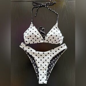 Polka Dot Triangle Bikini Set - White with Black Dots